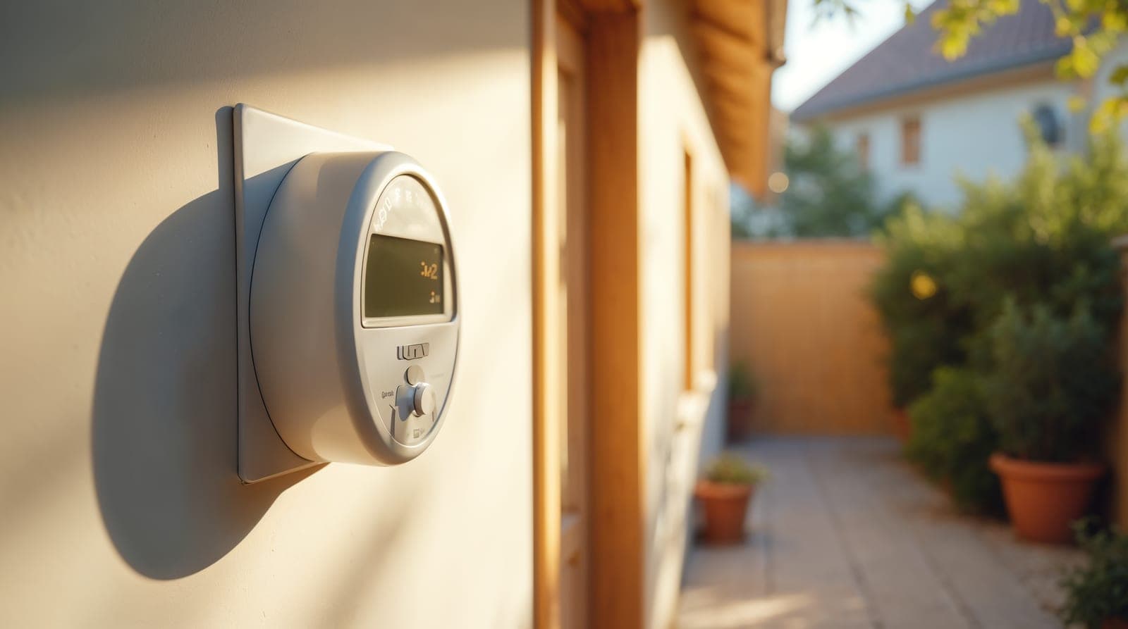 Vue éditoriale claire d'un compteur Linky moderne fixé sur un mur clair d'entrée de maison, halo de lumière naturelle douce, ambiance documentaire évoquant la mesure réelle de la consommation horaire d'un foyer