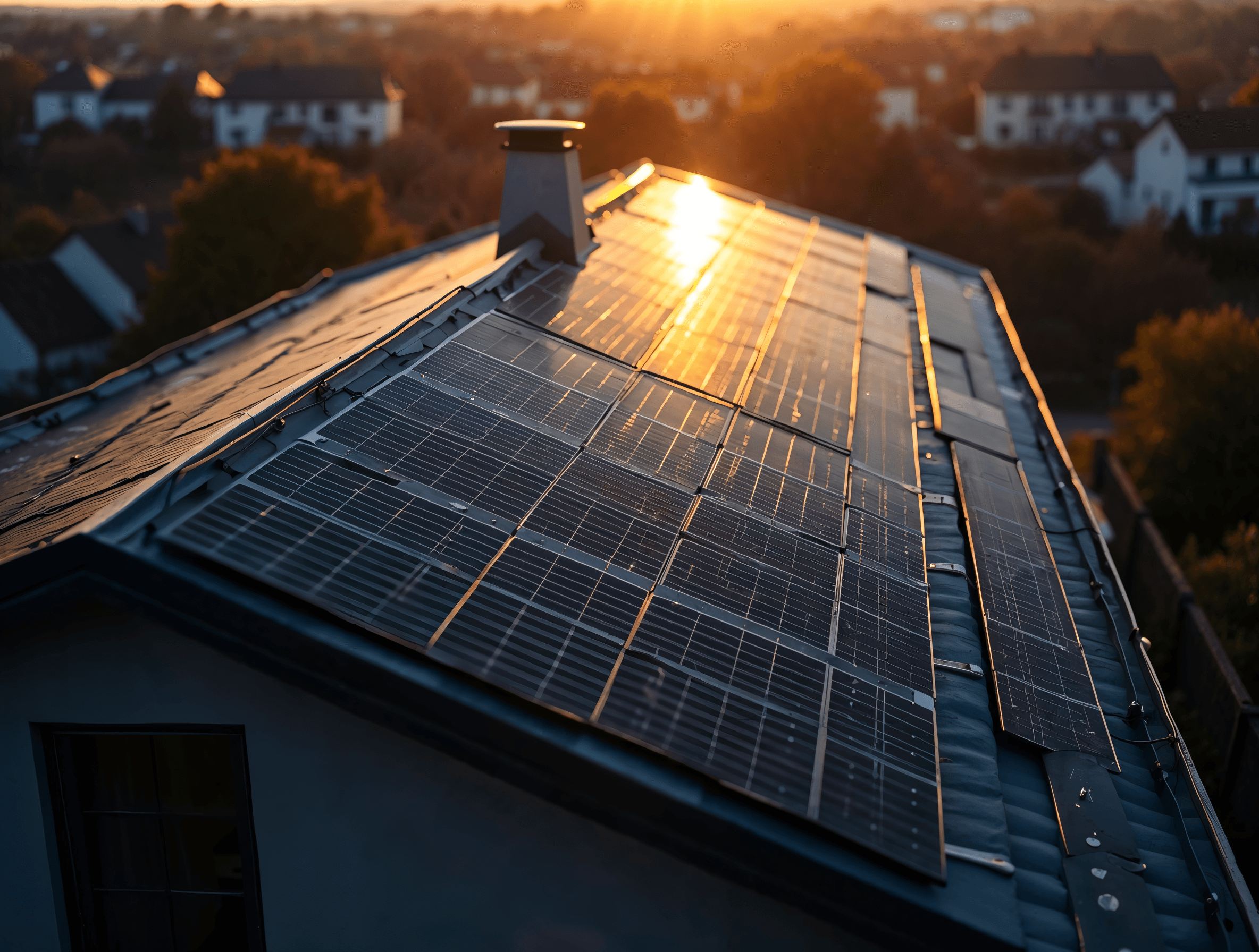Vue aérienne d'un toit résidentiel équipé de panneaux solaires